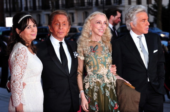 Editor-in-chief of the British edition of Vogue Alexandra Shulman, Italian designer Valentino; editor of Vogue Italia Franca Sozzani and long-time partner of Valentino, Giancarlo Giammetti at The Red Carpet of "The  Glamour of Italian Fashion" exhibition at the Victoria and Albert Museum.  Photo credit should read CARL COURT/AFP/Getty Images