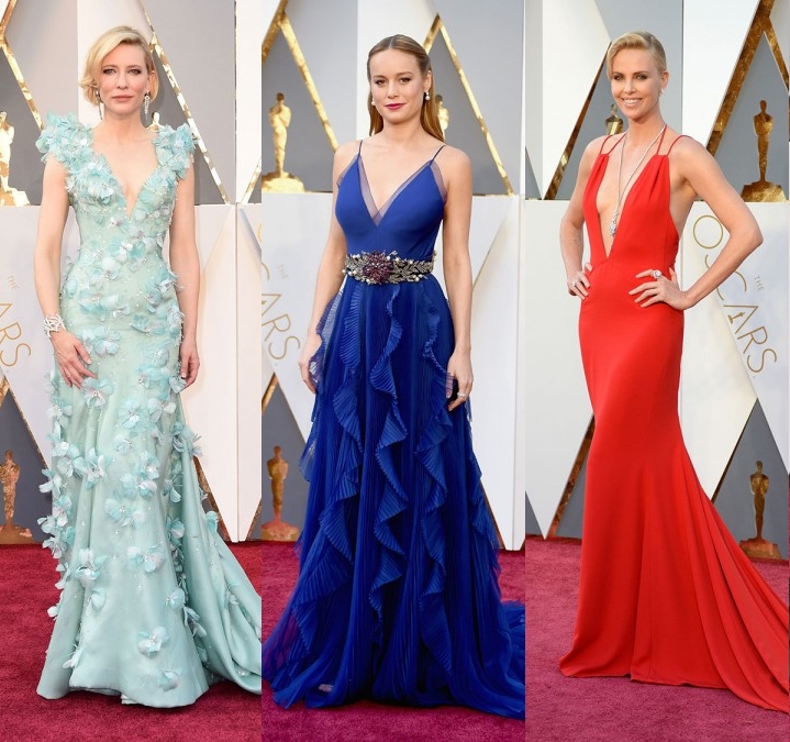 Da sinistra: Cate Blanchett in Armani Privé, Brie Larson in Gucci e Charlize Theron in Christian Dior. Credits: Google.