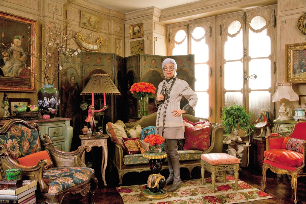 Iris Barrel Apfelfashion muse, decorator, and cofounder of Old World Weaverswearing Chado Ralph Rucci and jewelry of her own design in the New York City apartment she shares with her husband, Carl. The living room's bleached-oak boiserie is 18th-cen