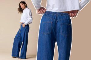 Collage modella con addosso un paio di jeans con coulisse