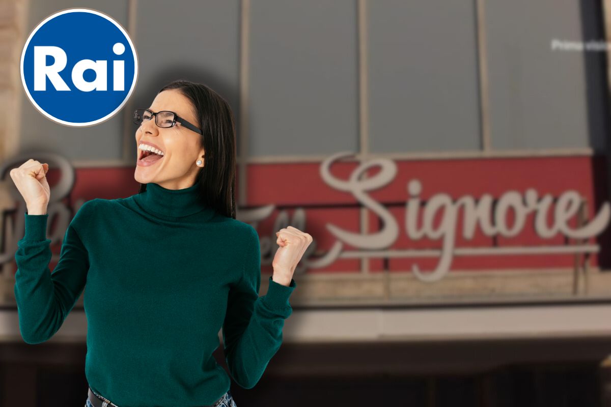 logo il paradiso delle signore, icona rai e donna che esulta
